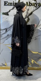 Resim Lotus Detaylı Siyah Taşlı Abaya TM025 HSB - Zarif Etkileyici Model - 3XL / Siyah 