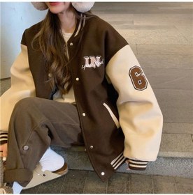 Resim Sonbahar Kış Kadın Rahat Moda Renk Eşleştirme Beyzbol Takım Elbise Nakış Vintage Pamuk Ceket Kadın Kahverengi 