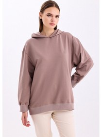 Resim Pastelastore Pamuklu Kapüşonlu 2 İplik Baharlık Oversize Sweatshirt Vizon 