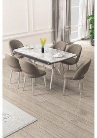 Resim Canisa Weps Serisi 89x150 Açılabilir Lak Panel Rampla Gri Krom Ayak Masa Takımı Ve 6 Cappucino Sandalye Rampla Gri Masa Cappucino Sandalye Krom Ayak 