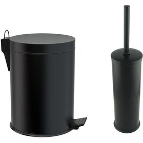 Resim Fkn Pedallı Siyah Çöp Kovası - Papatya Siyah Klozet Fırçası Banyo Seti 
