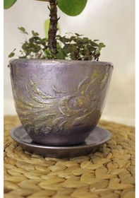 Resim Saksı El İşi Hand Made Canlı Çiçekli Mor 