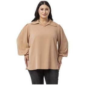 Resim Büyük Beden Gömlek Yaka Manşetli Yanı Yırtmaçlı Camel Bluz-camel Camel 