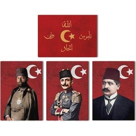 Resim İttihat Terakki Sancağı Kanvas Tablo Seti 4'lü 40x55cm Enver Paşa Talat Paşa Cemal Paşa İttihat Bayrağı 