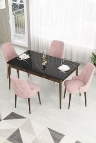 Resim Canisa Lav Serisi 80x130 Sabit Siyah Mermer Masa Ceviz Ayak Masa Takımı 4 Pembe Sandalye 