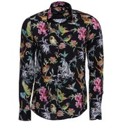 Resim Wessi Kuş Ve Çiçek Desenli Slim Fit Uzun Kollu Siyah Erkek Gömlek Çok Renkli 