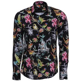 Resim Wessi Kuş Ve Çiçek Desenli Slim Fit Uzun Kollu Siyah Erkek Gömlek Çok Renkli 