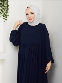 Resim Lacivert Medine İpeği Robalı Uzun Elbise 140 Cm Rahat Kesim Tesettür Elbise 
