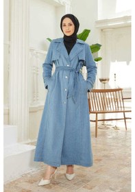 Resim Neways 6458-Battal Allerli Denim Trençkot Mavi Mavi 