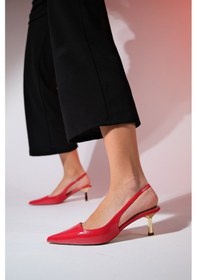 Resim Luvishoes Marten Kırmızı Cilt Kadın Sivri Burun Arkası Açık İnce Topuklu Ayakkabı Kırmızı 