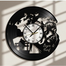 Resim Aile Ve Çift Silüeti Kişiye Özel El Yapımı Plak Duvar Saati Siyah 