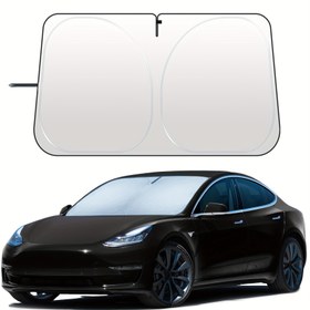 Resim Tesla Model 3/Y Ön Cam Güneşlik - Yansıtıcı Polyester Isı & Güneş Engelleyici, Ayna Kesikli Katlanabilir Araba Pencere Örtüsü, Solmaya Karşı Dirençli, Kolay Klips Montajı, UV Koruma, İç Soğutma Aksesuarı, Araç için Güneş Engelleyici, Estetik Araç Aksesuarı, Solmaya Dirençli Malzeme 