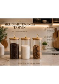 Resim Morponi 3'lü Borosilikat Cam Bambu Kristal Şeffaf Kapaklı Kavanoz Seti 1900 Ml Alk 