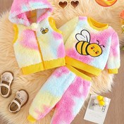 Resim 3 Adet Bebek Kız Tie-Dye Peluş Arı Nakış Seti, Sevimli Kolsuz Kapüşonlu Ribana Yelek Fermuarlı, Polyester Örgü Kıyafet, Açık Hava İçin 
