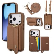 Resim Topnotch Brown iPhone Uyumlu 17 Pro Max Lychee Desenli Kartlık Bilek Kayışlı Kılıf 