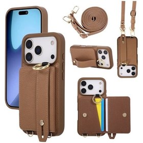 Resim Topnotch Brown iPhone Uyumlu 17 Pro Max Lychee Desenli Kartlık Bilek Kayışlı Kılıf 