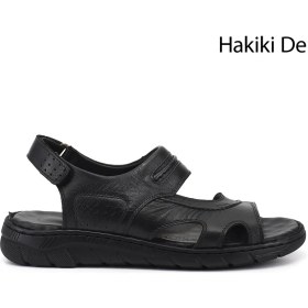 Resim Gönderi(r) Erkek Siyah Ayarlanabilir Cırt Bantlı Hakiki Deri Sandalet 