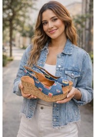 Resim Kadın Mantara Mavi Kot 10 Cm Dolgu Topuklu Mantar Taban Önü Arkası Acık Ayakkabı Mavi 