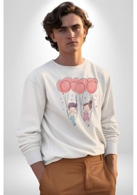 Resim Sevgili Balon Aşk Salıncak Sevgililer Günü Unisex Beyaz Baskılı Sweatshirt Beyaz 