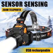 Resim 1 adet USB Şarj Edilebilir Kafa Lambası Sensör Sensörlü Yakınlaştırıcı - IP65 Su Geçirmez, LED Aydınlatma, Ev Yenileme, Keşif, Balıkçılık ve Tatil Dekoru için İdeal - Şükran Günü ve Noel için Mükemmel Hediye! 