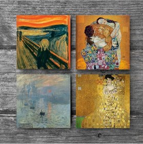 Resim Gustav Klimt Aile Kucaklama, Bauer'in Portresi, Monet Gün Doğumu, Çığlık Taş Bardak Altlığı Seti - 4 Parça - Dekoratif, Rustik Mutfak Aksesuarı, 10x10 cm, Kaydırmaz Tabanlı SC538 