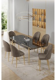 Resim Canisa Rada Serisi 80x132 Açılabilir Lak Panel Siyah Mermer Desen Masa 6 Cappucino Sandalye Gold Detay Masa Siyah Mermer Sandalye Capppucino Gold Ayak 