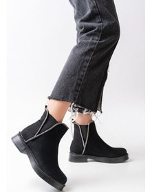 Resim 02-02 Siyah Süet Taş Aksesuarlı Lastikli Günlük Kadın Bot-b Siyah Süet Siyah 