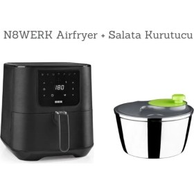 Resim 5.5l Sıcak Hava Fritözü ve Salata Kurutucu, Siyah Renkli Sağlıklı Pişirme Seti 