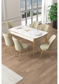 Resim Canisa Pale Serisi 80x132 Açılabilir Beyaz Mutfak Masa Takımı 6 Krem Sandalye Gold Detay Masa Beyaz Sandalye Krem Ayak Gold 