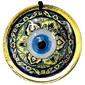 Resim Lale Desenli Nazar Boncuklu Altın Rengi Füzyon Cam El İşçiliği 12x12 Cm Duvar Süsü 