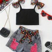 Resim Kızların İki Parça Seti: Siyah File Topu Renkli Polka Dot Bow ile + Pembe Kenarlı Kot Pantolon - Yazlık Rahat Giyim, Tatil veya Oyun Zamanı için Mükemmel, Tatil Giyimi|Oyun Sever Tasarım|Esnek Kumaş, Açık Hava için 