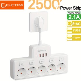 Resim 2500W AB Fişli Priz Şeridi, Bireysel Kontrol Anahtarlı 5 AC Çıkışı, Ev, Mutfak, Yatak Odası, Ofis, Oturma Odası vb. İçin Uygun, 4 USB ve 1 Tip-C Girişi ile Kısa Uzatma Kablosu 