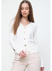 Resim Kadın Gold Düğme Detaylı Yumuşak Dokulu Triko Hırka 3007230 Ekru 