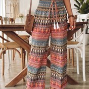 Resim Boho Şık Kabile Baskılı Geniş Paça Pantolon ve İpli Bel - Kadınlar için Canlı Turuncu, Mavi & Yeşil Polyester Karışımı, İlkbahar/Yaz Günlük Giyim İçin Mükemmel, Rahat Kıyafet | Boho Şık Tarz | Canlı Desenli Pantolon 