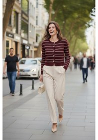 Resim Lela Standart Fit Çizgili Yumuşak Dokulu Crop Triko Bayan Hırka 4615551 Bordo 