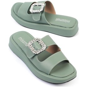 Resim Shoetek Linca Kadın Terlik Bantlı Tokalı Mint Yeşili Deri Yeşil 