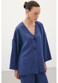 Resim Sateen Düğmeli Kimono - İndigo-136358 İndigo 