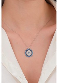 Resim Tmt Silver 20 Mm Gümüş Turkuaz ve Zirkon Taşlı Nazar Boncuğu Boncuklu Kolye 