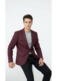 Resim Plus Scorpion Bordo Erkek Tek Düğmeli Blazer Ceket Dokulu Kumaş, Tek Yırtmaçlı Şık Tasarım Bordo 