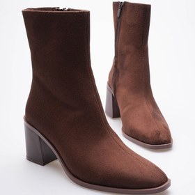 Resim Arden Kadın Kahverengi Süet Kalın Topuklu Fermuar Detaylı Bot 7cm Kahverengi 