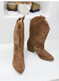 Resim D24kb-1755 Nakış Detaylı Hakiki Deri Süet Midi Bot Western Çizme Kadın 001 