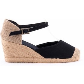 Resim Burnu Hasır Dolgu Topuk Siyah Bayan Keten Hasır Espadril Siyah 