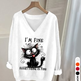 Resim Kadın V Yaka Uzun Kollu "I'm Fine" & "Everything is Fine" Kedi Grafik Baskılı Kazak - Günlük Yuvarlak Yaka Kazak, İlkbahar/Sonbahar için Yumuşak Günlük Üst, İlkbahar Sonbahar Giyim | Eğlenceli Grafik Kazak | Orta Esnek Kumaş 