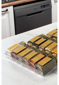 Resim 24'lü Şeffaf Pleksi Standlı Cam Baharatlık Seti Gold Kapaklı Etiketli Baharatlık Mh02gld24 Gold - Şeffaf 