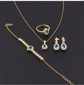 Resim 925 Ayar Gümüş Damla Desen Aqua Zarif Gold Set 