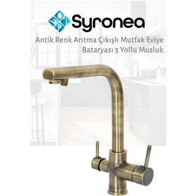 Resim Antik Renk Arıtma Çıkışlı Mutfak Eviye Bataryası 3 Yollu Sıcak Soğuk Ve Arıtma Girişli Musluk Antik 