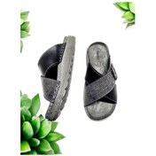 Resim Erkek Deri İç Taban Tokalı Ayarlanabilir Yumuşak Ev Ve Dışarı Terliği 