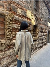 Resim WeShaya Haki Çizgili Oversize Keten Gömlek Haki 