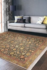 Resim RealHomes Sarı Zemin Uşak Motifli Kilim Desenli Etnik Motifler Vintage Oturma Odası Kaymaz Taban Saçaklı Halı HaliDik-Deluxe-11803, 150 x 150 