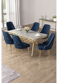 Resim Canisa Vae Serisi 90x160 Lak Panel Beyaz Mermer Desen Gold Ayak Masa Takımı 6 Lacivert Sandalye Beyaz Mermer Desen Masa Sandalyeler Lacivert 